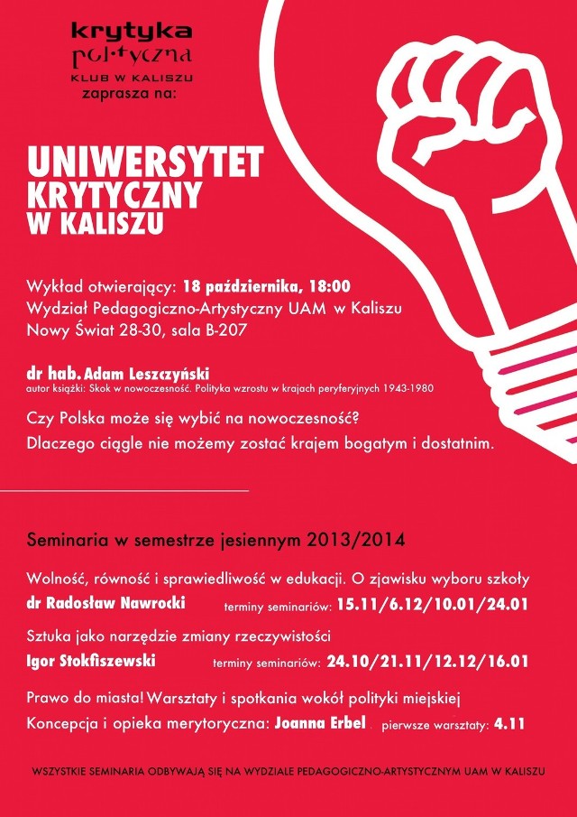 Uniwersytet Krytyczny w Kaliszu zaprasza na wykłady i seminaria