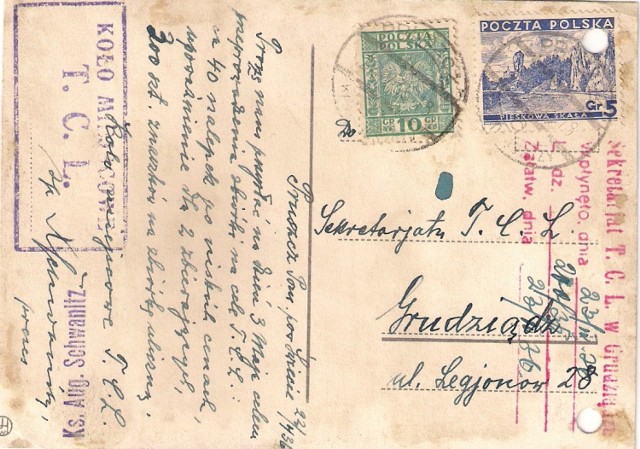 Rewers karty pocztowej, datowanej w dniu 22.4.1936 roku