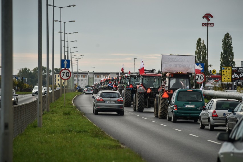 Leszno. Rolniczy protest na drogach także w mieście. Do miasta wjechał szpaler 60 ciągników blokując ruch na rondach [ZDJĘCIA]