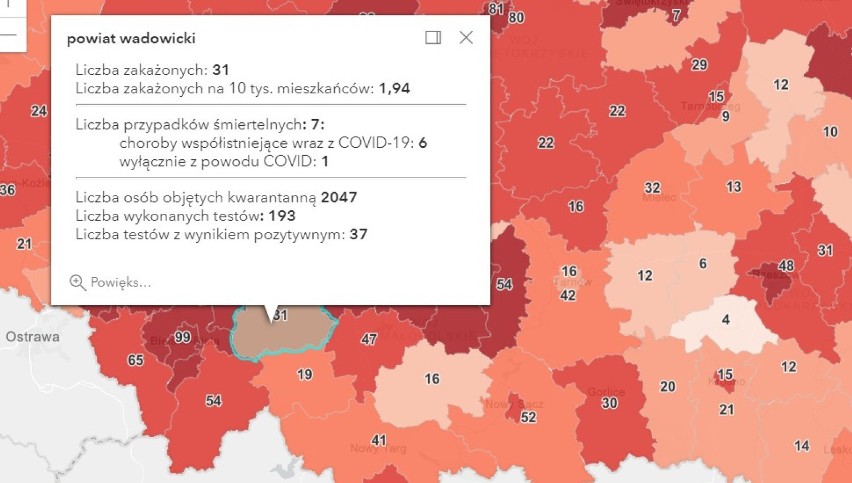 dane o zakażeniach z powiatu wadowickiego