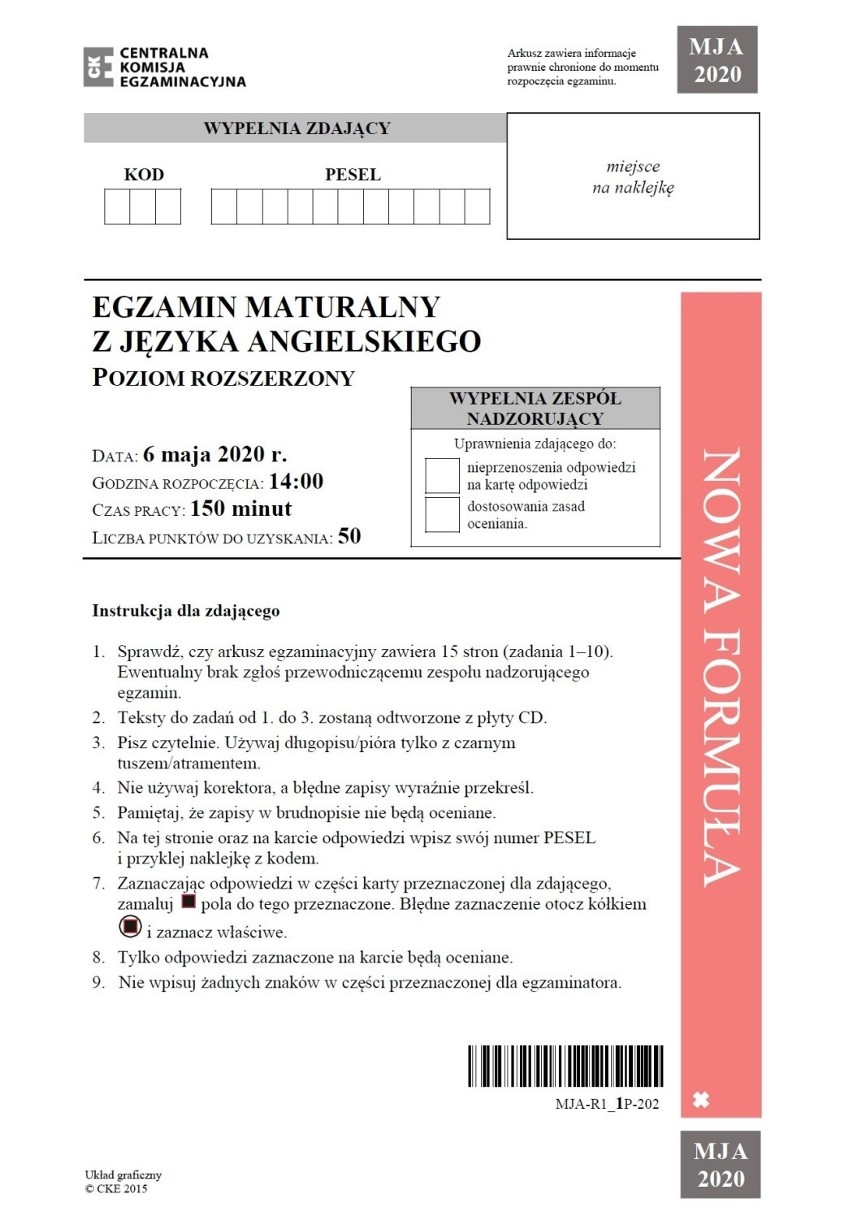 Matura 2020 j. angielski p. rozszerzony. Odpowiedzi, ARKUSZ CKE