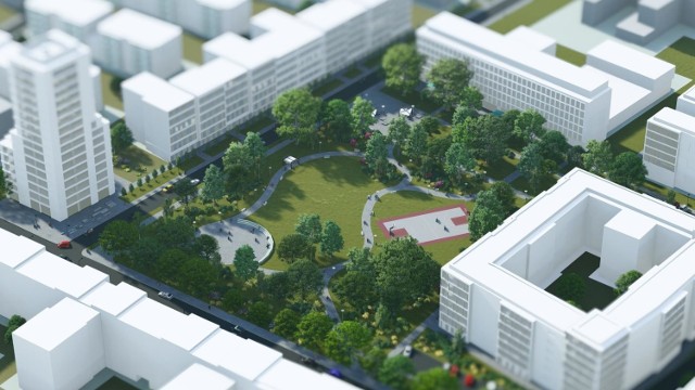 Widok na nowy park miejski o powierzchni 12 tysięcy metrów kwadratowych - wizualizacja.