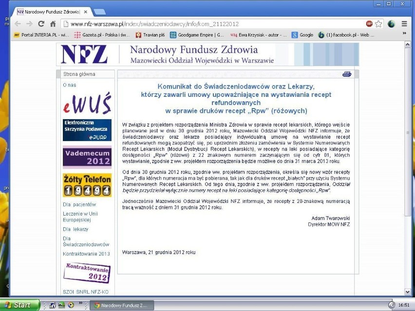 Strona NFZ (O/mazowiecki) na dzień 27 grudnia 2012 r.