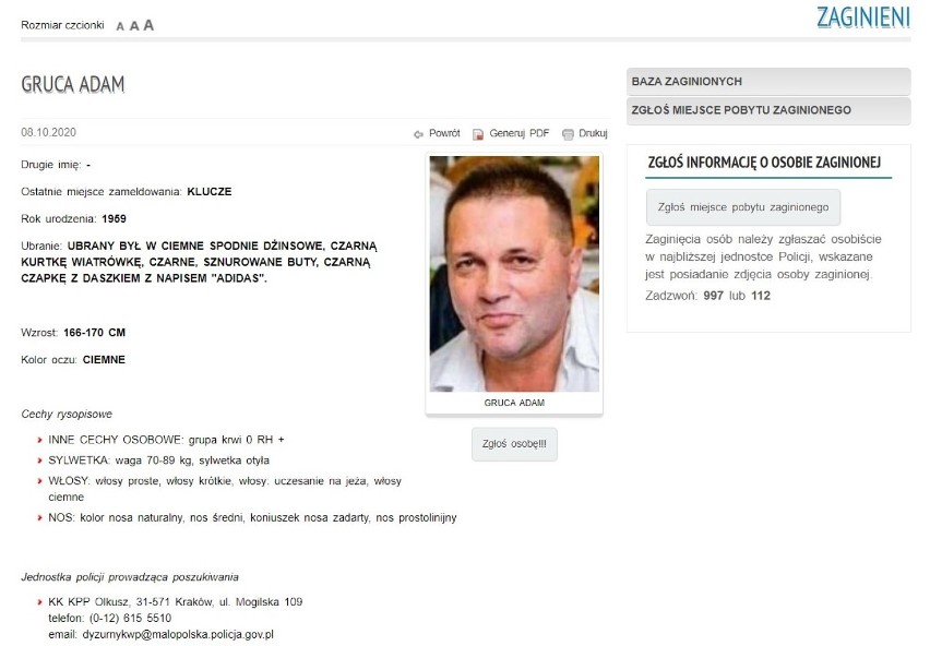 Adam Gruca, poszukiwania prowadzi KPP Olkusz