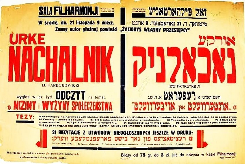 Plakat zapowiadający odczyt Urke Nachalnika w Warszawie