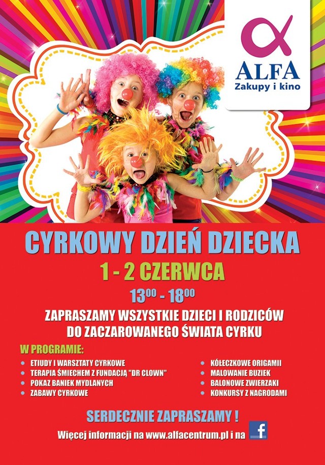 Cyrkowy Dzień Dziecka 

W dniach 1 &#8211; 2 czerwca 2013r. w godzinach od 13.00 do 18.00 Alfa Centrum w Gdańsku zaprasza wszystkie dzieci wraz z rodzicami do zaczarowanego świata cyrku.

W tych dniach będzie czekała na dzieci moc atrakcji.Najważniejszą z nich będzie pokaz sztuk cyrkowych w wykonaniu &#8222;Kejos Theater&#8221;. Będzie więc żonglerka maczugami, piłkami Diabolo, a nawet nożami. Będą magiczne sztuczki, ekwilibrystyka na rola-bola  i pokaz jazdy na monocyklu.

Na poszczególnych stanowiskach w specjalnie przygotowanych namiotach cyrkowych będzie można dowiedzieć się, jak się robi kółeczkowe origami, pomalować buzię kolorowymi farbkami, skręcić z balona ulubionego zwierzaka czy też poznać Fundację Dr Clowna.

Odważnych zapraszamy do wzięcia udziału w naszych warsztatach &#8211; będzie można spróbować swoich sił w żonglerce czy balansowaniu na rola bola! Oprócz tego będą warsztaty chodzenia na szczudłach. 

Pokazom i warsztatom będą towarzyszyły gry i zabawy z niespodziankami. Pod koniec dnia będzie można podziwiać pokaz ogromnych baniek mydlanych.

Więcej imprez dla dzieci - szukaj w naszej ROZRYWCE!
