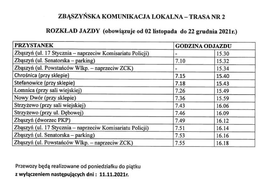 Gmina Zbąszyń: Aktualny rozkład jazdy komunikacji miejskiej w Zbąszyniu 2.11 - 22.12.2021