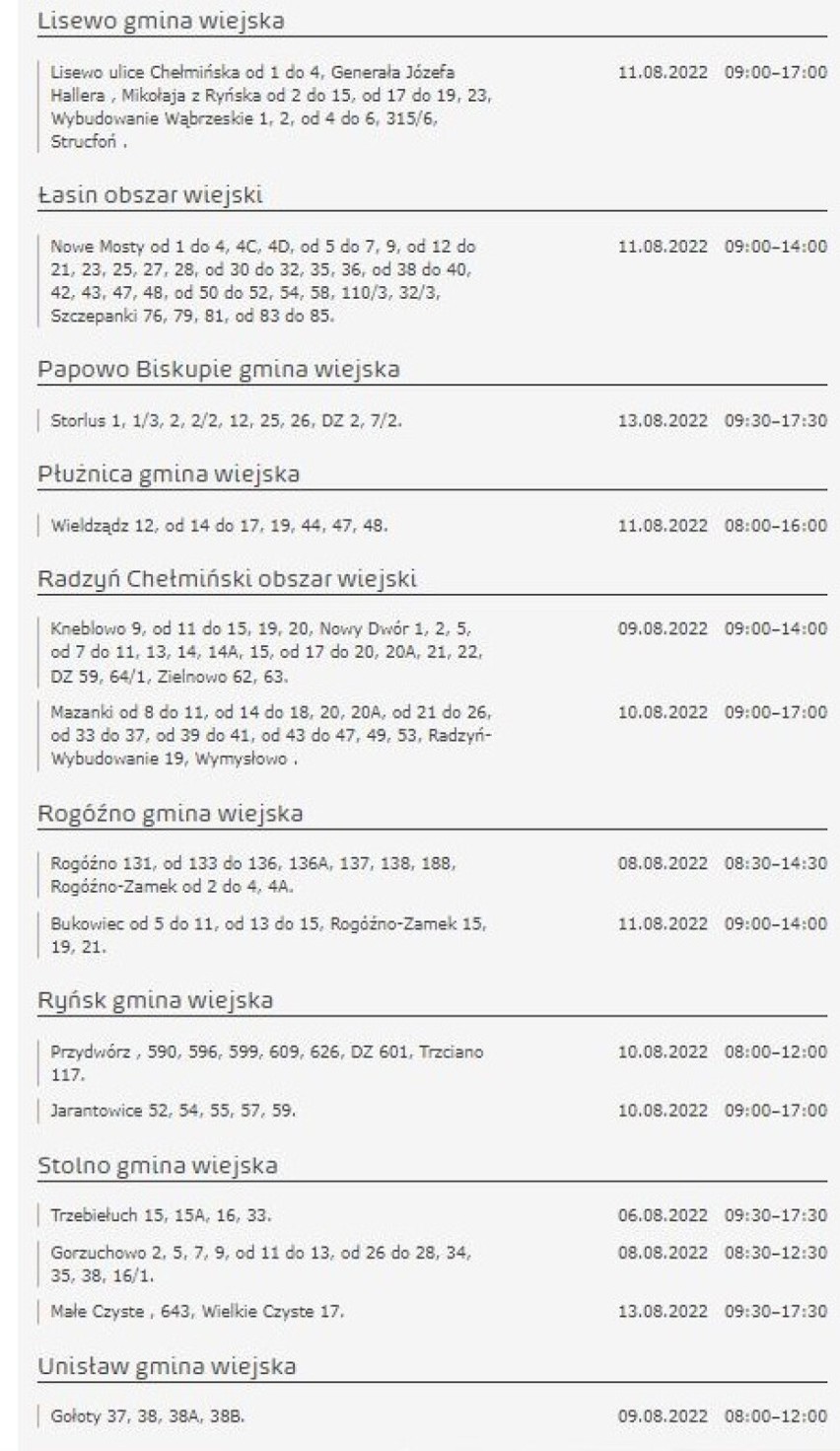 Tu nie będzie prądu w Kujawsko-Pomorskiem [miasta, gminy - 10.08.2022]