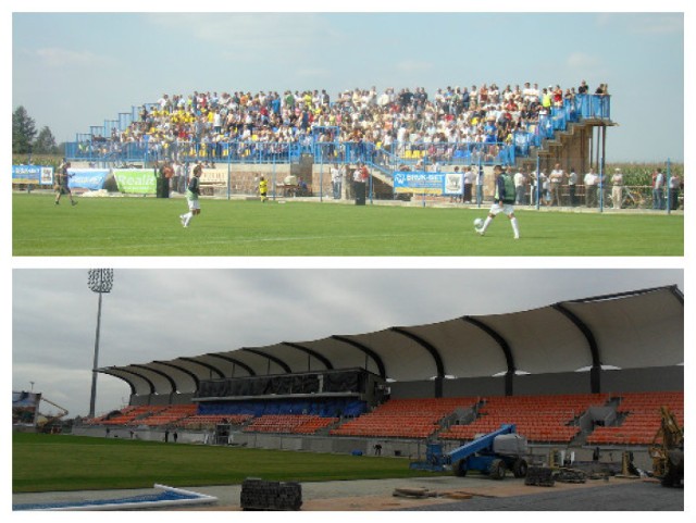 Stadion w Niecieczy w 2007 i 2015 roku.