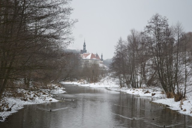 Zimowe zdjęcie bazyliki w Koronowie. Widok od strony Brdy