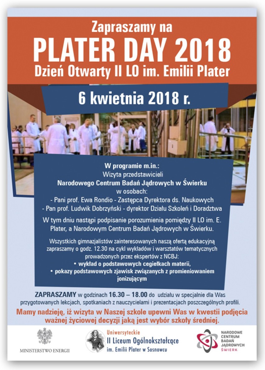 W piątek w II LO w Sosnowcu odbędzie się Plater Day 2018. Szkoła podpisze też umowę z Narodowym Centrum Badań Jądrowych 