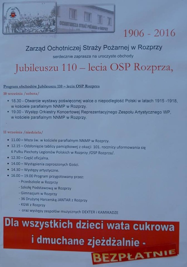 Jubileusz 110-lecia OSP w Rozprzy, program obchodów