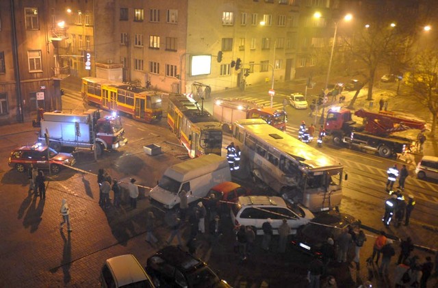 W zderzeniu tramwaju i autobusu PKS, do którego doszło 24 lutego na skrzyżowaniu ulic Kilińskiego i Jaracza, rannych zostało 12 pasażerów.