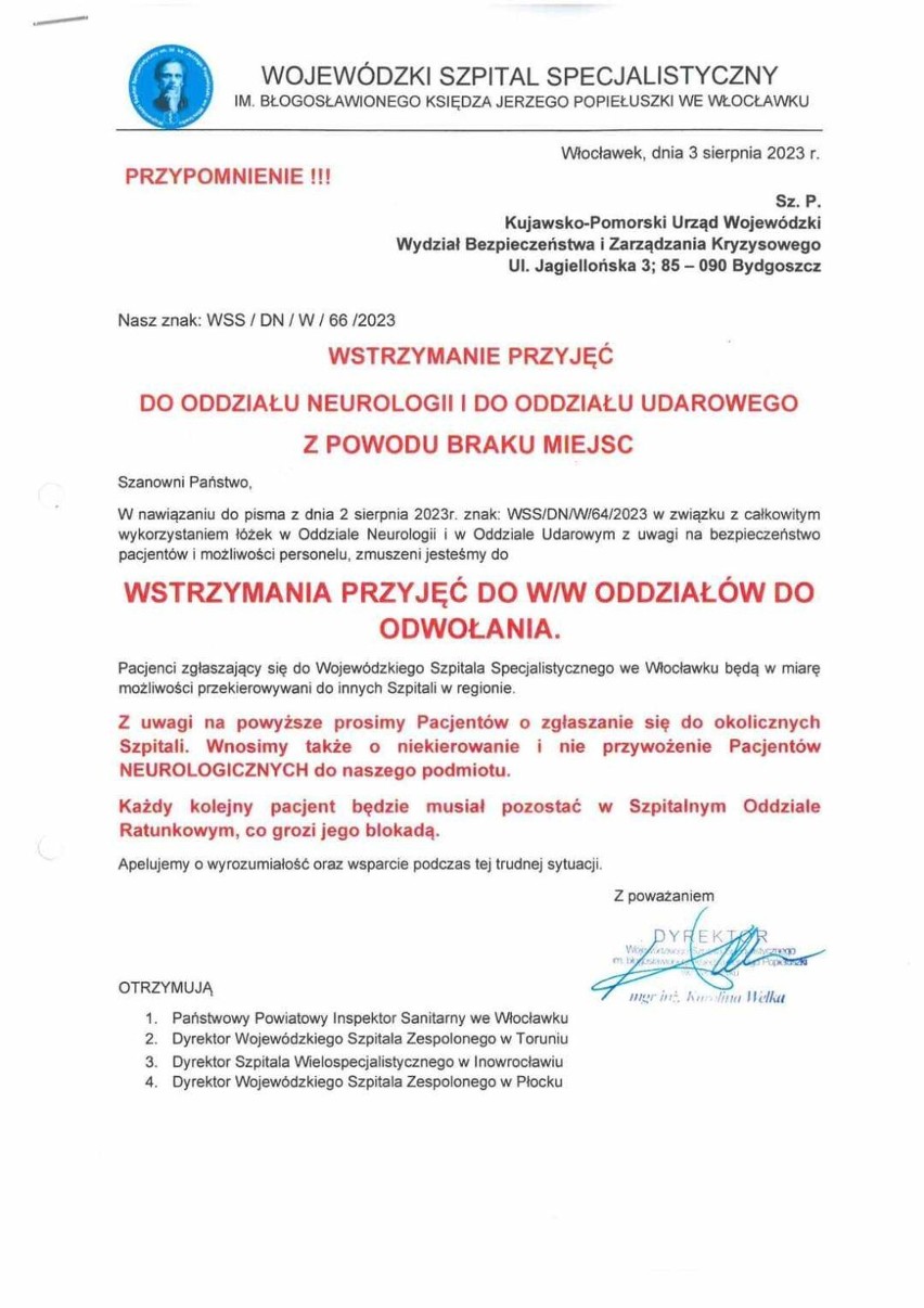 Szpital we Włocławku znów wstrzymał przyjęcia na Oddział Neurologiczny i Udarowy