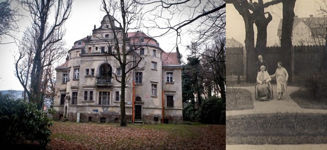 Willa przy ul. Moniuszki w Wałbrzychu, w której 29 czerwca 1943 r. zmarła księżna Daisy von Pless (po prawej na wózku inwalidzkim w trakcie spaceru w pobliżu willi około 1942 r.)