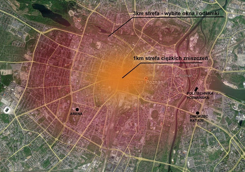 Strefa mniejszych zniszczeń sięgnęła 3 km od miejsca...