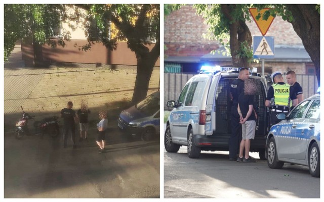 Kierowca skutera został zatrzymany na Młynarskiej we Włocławku. Policjanci sprawdzili również pasażera jednośladu (na zdjęciach stoi przed radiowozem)