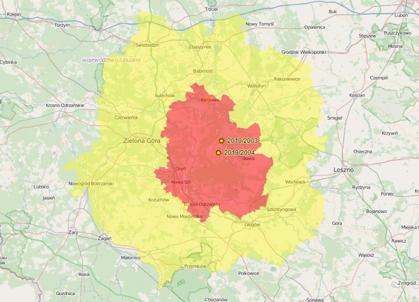 Mapa jeszcze przed potwierdzeniem ASF w okolicach Kotli.