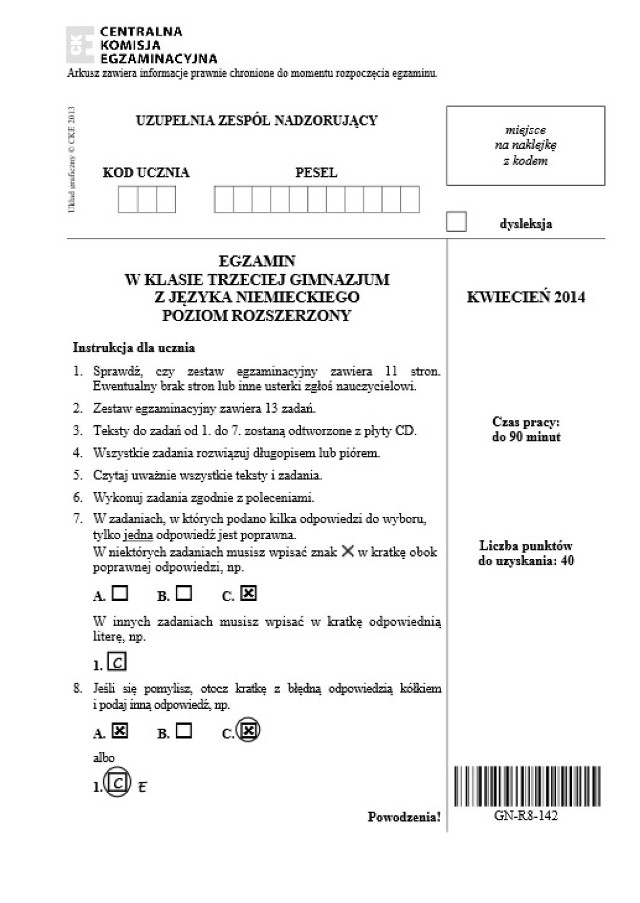 Egzamin gimnazjalny 2014. Arkusze testu dla osób z upośledzeniem umysłowym w stopniu lekkim.
 Egzamin gimnazjalny 2014. Język niemiecki poziom podstawowy [ARKUSZE, ODPOWIEDZI] 
EGZAMIN, TEST gimnazjalny 2014: język niemiecki, poziom rozszerzony [ARKUSZE, ODPOWIEDZI wkrótce]