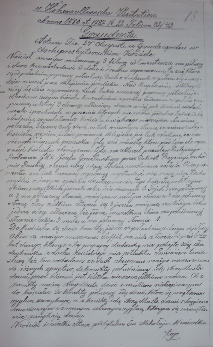 1. Pierwsza strona wizytacji z 1786-87 r. Odpis z XIX-1 poł. XX w.