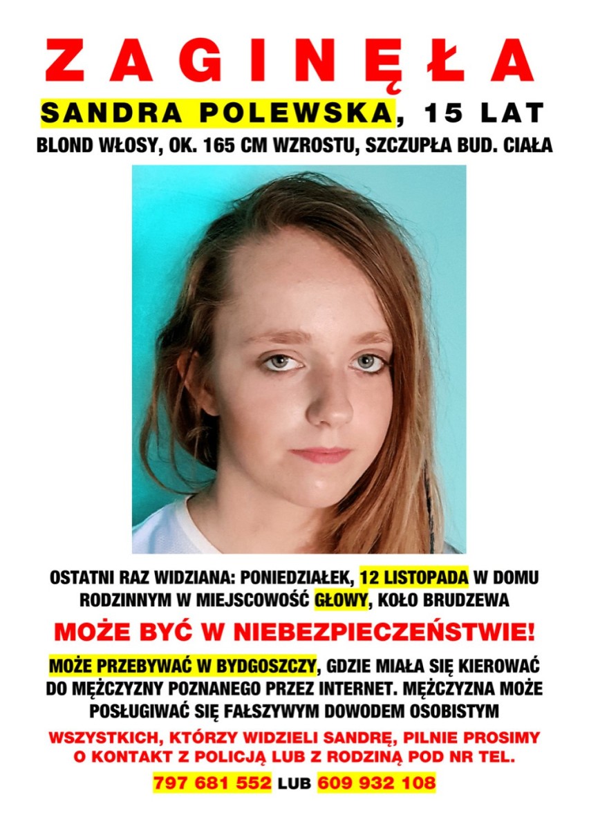 Zaginęła Sandra Polewska. Czy 15-latka spotkała się w Bydgoszczy z mężczyzną poznanym przez internet?