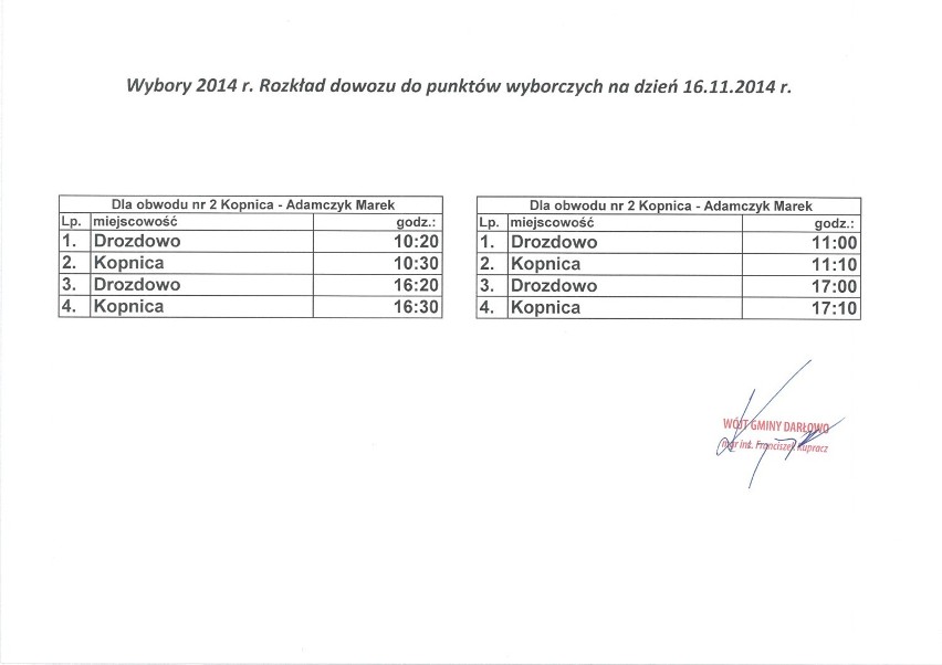 Rozkład dowozu do punktów wyborczych na dzień 16.11.2014