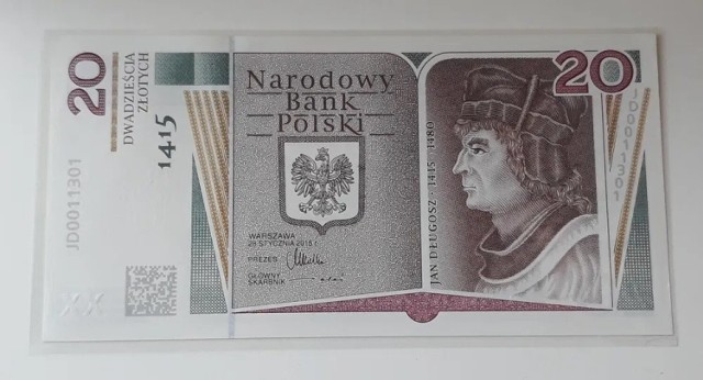 Pierwszy banknot z użyciem laserowego graweru. Banknot upamiętniający 600. rocznicę urodzin Jana Długosza. Właściciel szacuje cenę na 1750 zł.