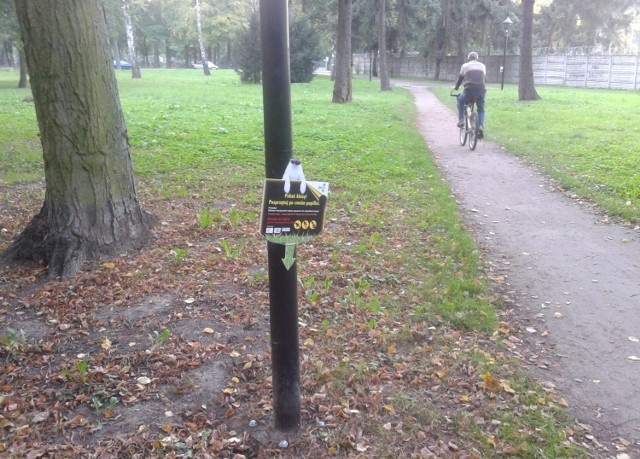 W parku Batorego ktoś oderwał część tabliczki z informacją, która ma zachęcać mieszkańców do sprzątania po psach.