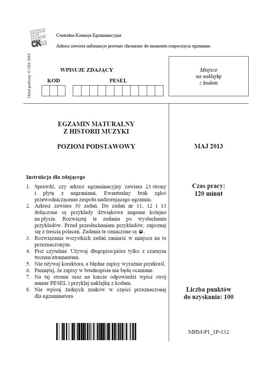 MATURA 2013 z historii muzyki - poziom podstawowy i rozszerzony [ARKUSZE CKE, PYTANIA, ODPOWIEDZI]