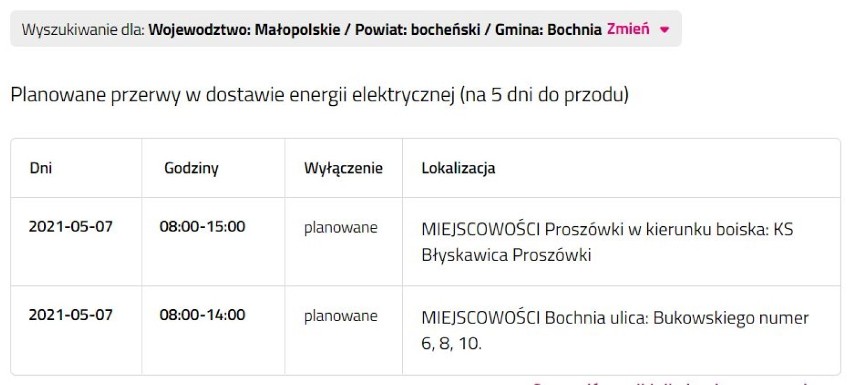 Wyłączenia prądu w powiecie bocheńskim i brzeskim, 4.05.2021