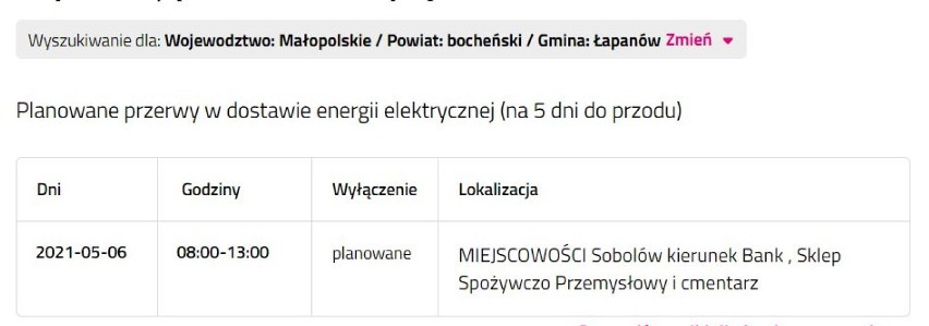Wyłączenia prądu w powiecie bocheńskim i brzeskim, 4.05.2021