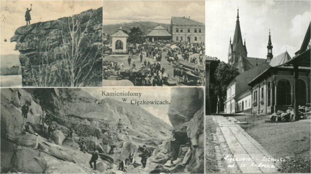 Zachowały się archiwalne zdjęcia Ciężkowic i stare widokówki przedstawiające przede wszystkim Rynek i Skamieniałe Miasto