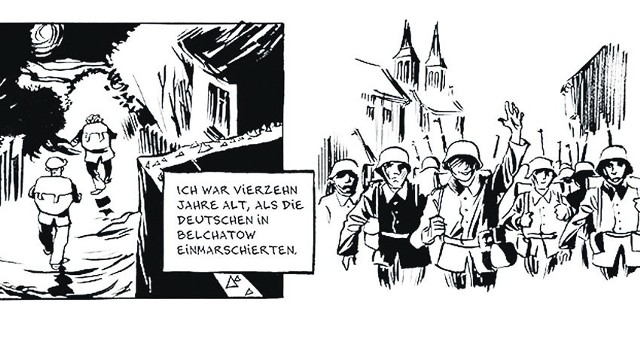 Na rysunku w komiksie "Bokser" wiwatujące tłumy witają wchodzących do miasta niemieckich żołnierz. Pytanie, kto się cieszył