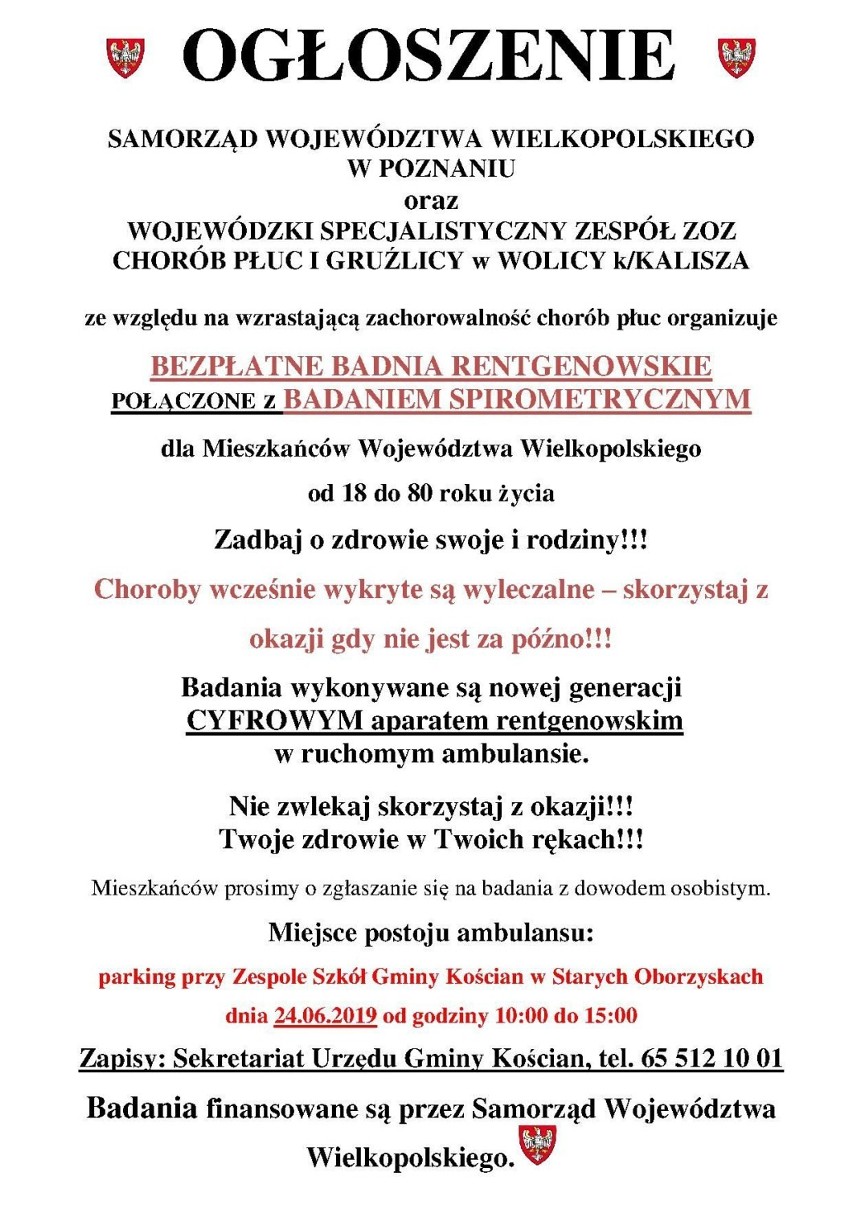 Bezpłatne badania płuc dla mieszkańców gminy Kościan 24 czerwca