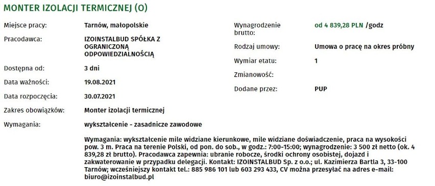 Najatrakcyjniejsze oferty pracy z PUP w Tarnowie. Niektórzy pracodawcy oferują 8 tysięcy złotych miesięcznie [OFERTY PRACY SIERPIEŃ 2021]]