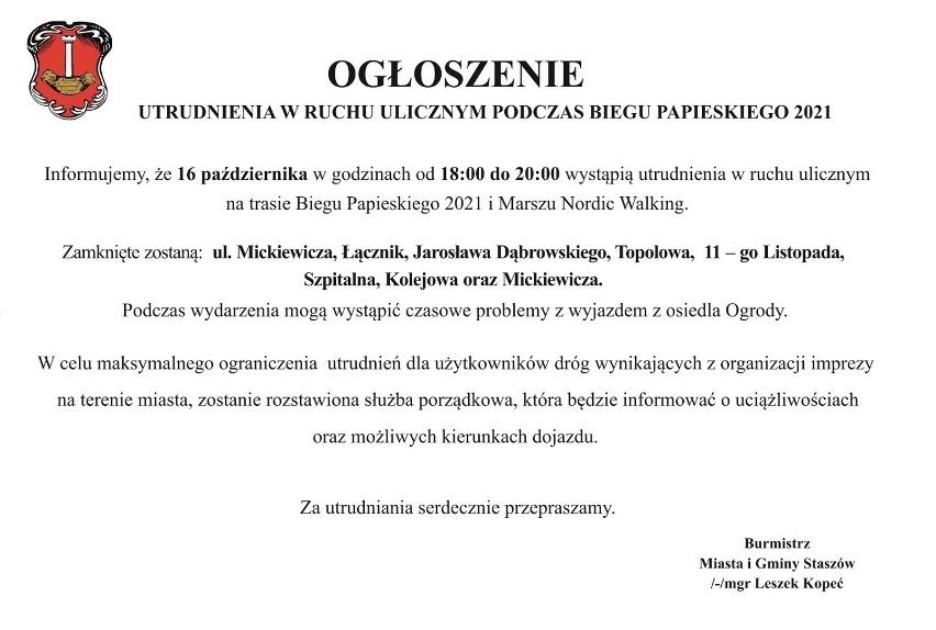 Uwaga kierowcy! W sobotę w Staszowie utrudnienia w ruchu drogowym. Co się zmieni?