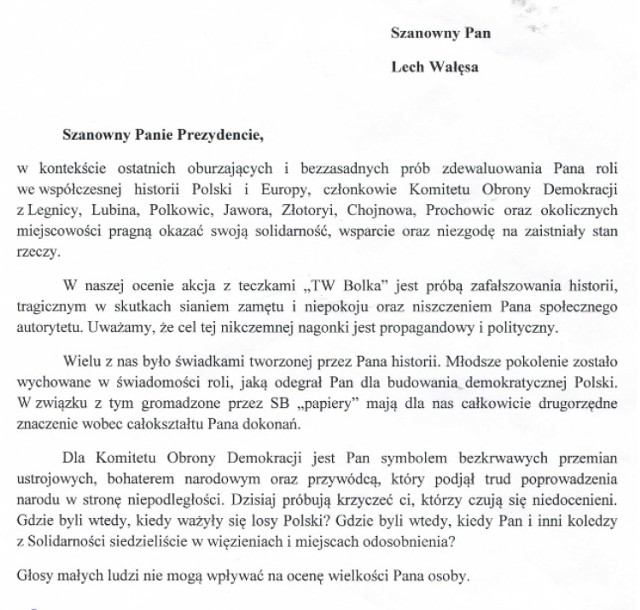 KOD Legnica wspiera Lecha Wałęsę