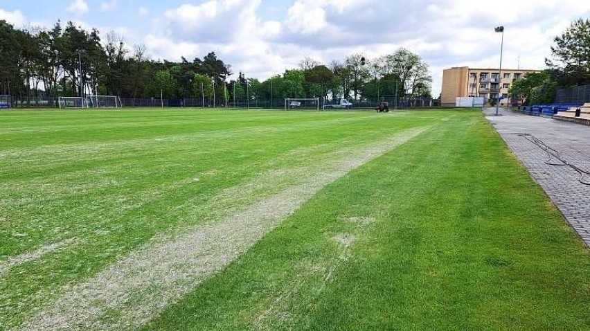 Nowe oblicze murawy na stadionie w Książu Wielkopolskim. Nawierzchnia trawiasta przeszła zabiegi pielęgnacyjne