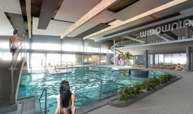 Miasto Przemyśl ogłosiło przetarg na zaprojektowanie i budowę kompleksu basenów. Wizualizacja ilustracyjna.