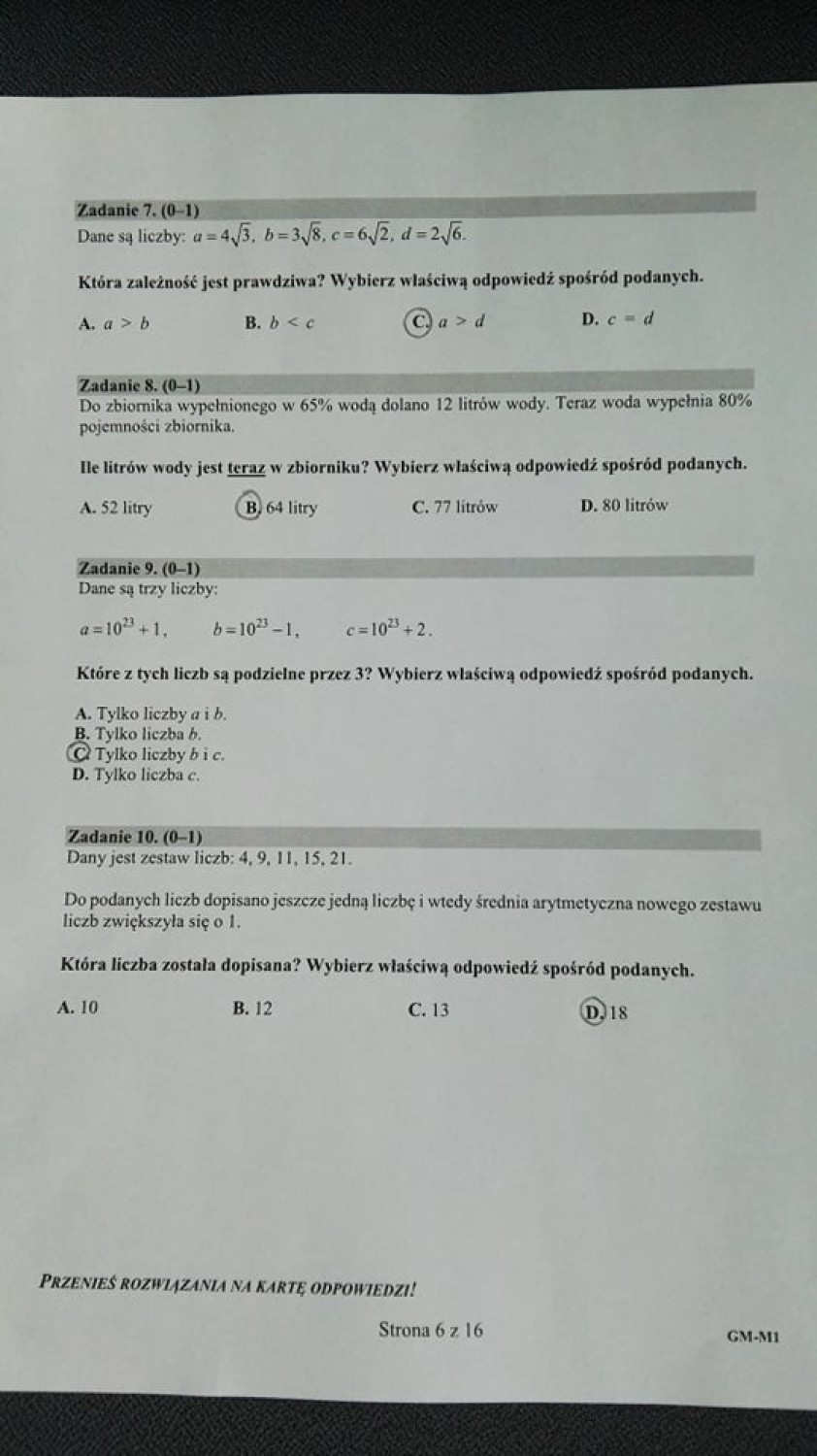 Egzamin gimnazjalny 2019 z matematyki ODPOWIEDZI