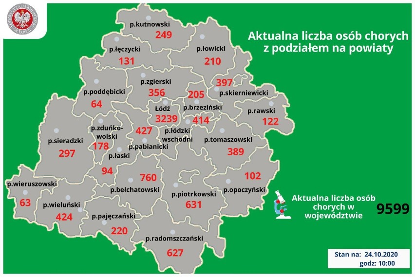 Koronawirus. Kolejne 65 zakażeń w powiecie wieluńskim. Tysiąc w woj. łódzkim. Sytuacja epidemiczna w regionie RAPORT 24.10.2020