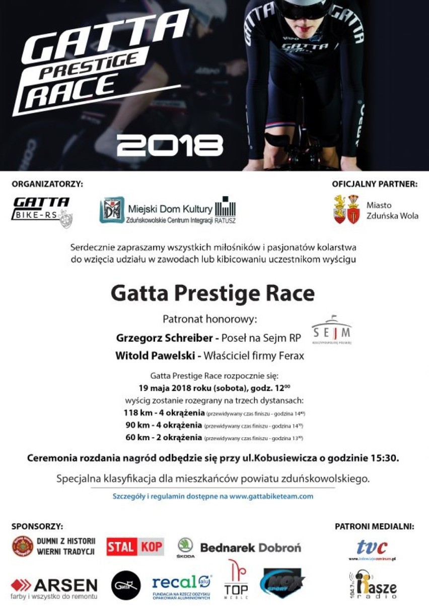 Wyścig kolarski Gatta Prestige Race 2018 w sobotę w Zduńskiej Woli