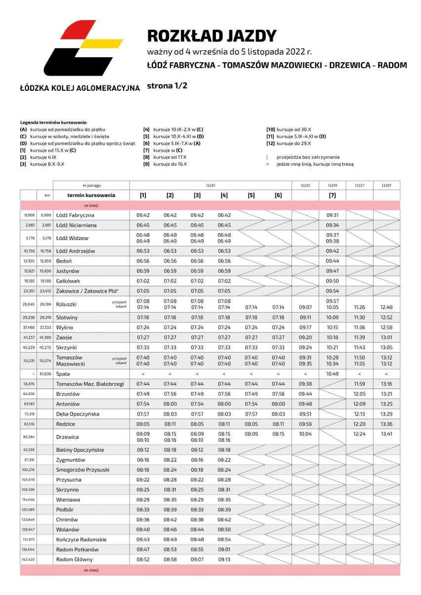 Korekta rozkładu jazdy pociągów Łódzkiej Kolei Aglomeracyjnej od 4 września ROZKŁAD JAZDY