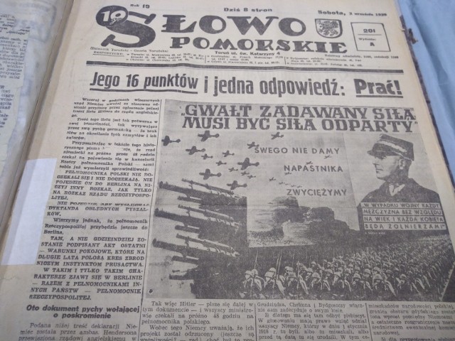 Okładka pierwszego wojennego numeru "Słowa Pomorskiego" z 2 września 1939 roku. Jest to zarazem przedostatnie wydanie gazety