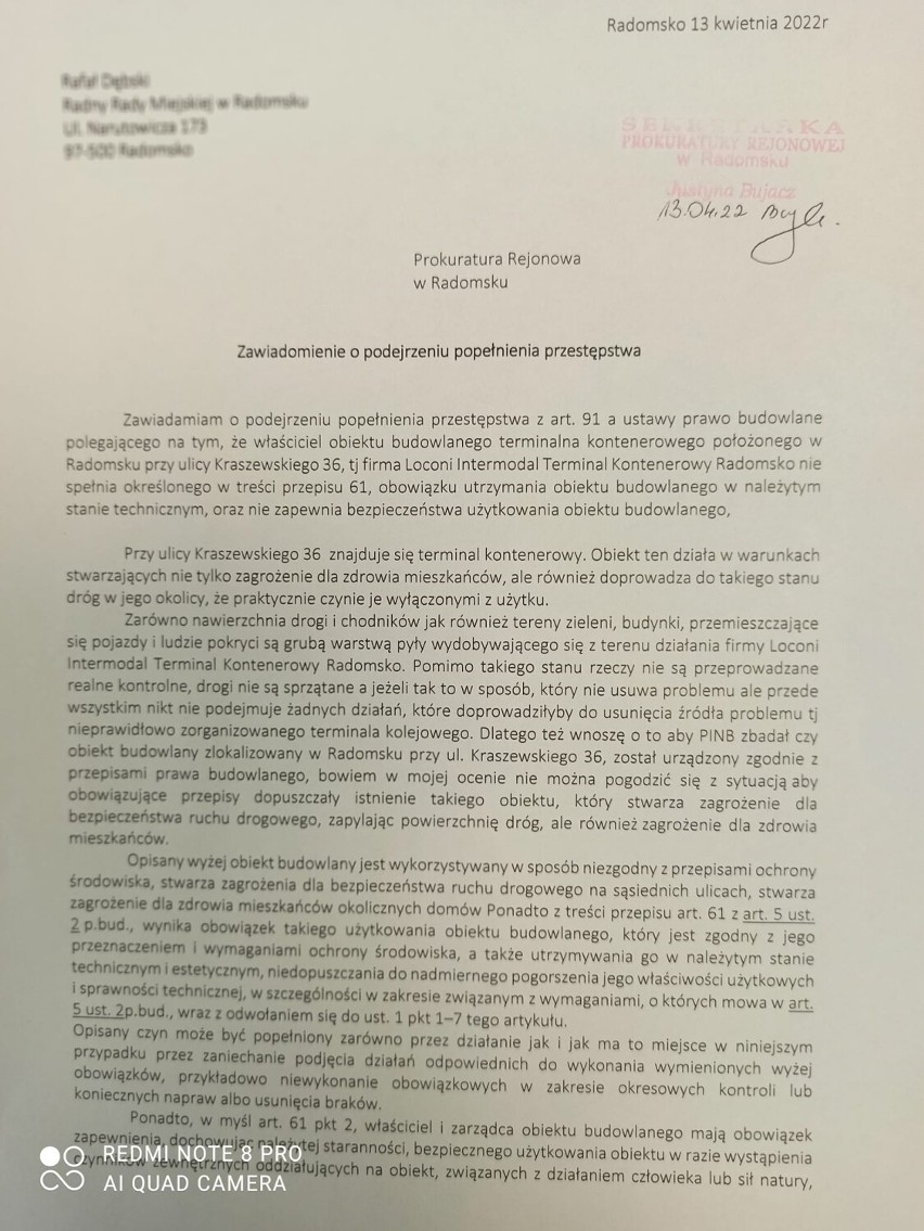 Radny składa zawiadomienie do prokuratury w sprawie terminalu przeładunkowego w Radomsku