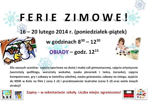 Ferie zimowe 2015: Zajęcia przygotowane przez ZS nr 1 w Kole