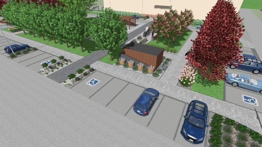 Plac przed szpitalem w Kazimierzy Wielkiej nabierze nowego blasku. Ławki, fontanna, drzewa, kwiaty oraz krzewy. Zobaczcie zdjęcia i wideo
