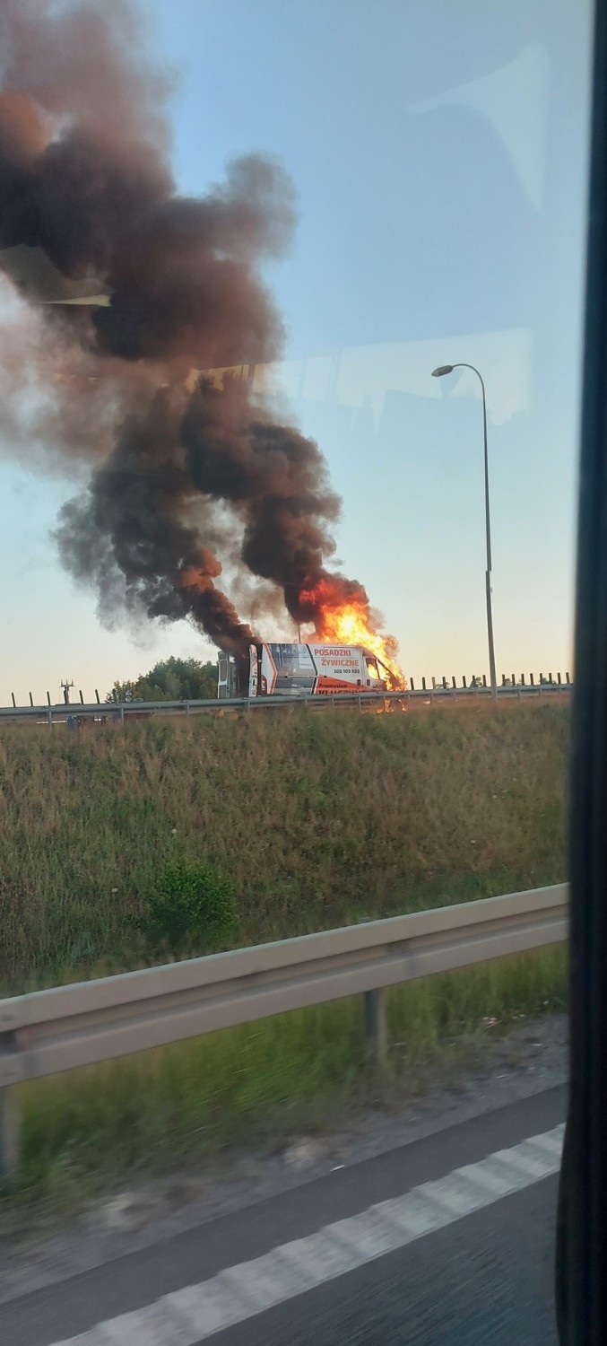 Tak wyglądał pożar busa przy węźle Bydgoszcz-Błonie.