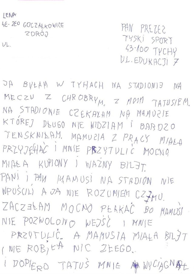List Lenki z Goczałkowic do Tyskiego Sportu