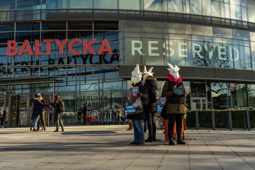 Aktywiści PETA i Viva! protestowali pod sklepem Reserved w Gdańsku. Sprzeciwiali się niehumanitarnemu pozyskiwaniu kaszmiru [zdjęcia]